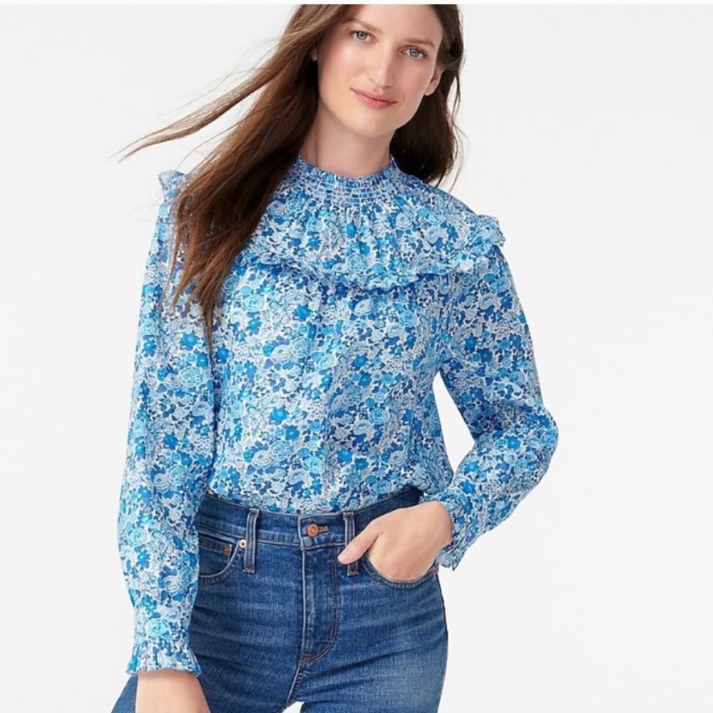 J. Crew Smocked Pop Over Blouse in Liberty Sz L